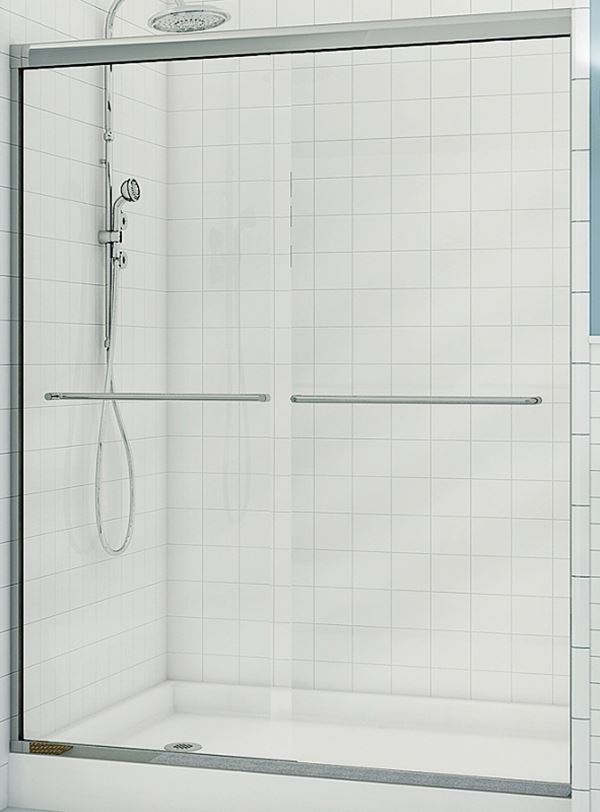 Maax Aura 135663-900-084 Sliding Shower Door, Clear Glass, Tempered Glass, Semi Frame, 2-Panel, Glass, 1/4 in Glass