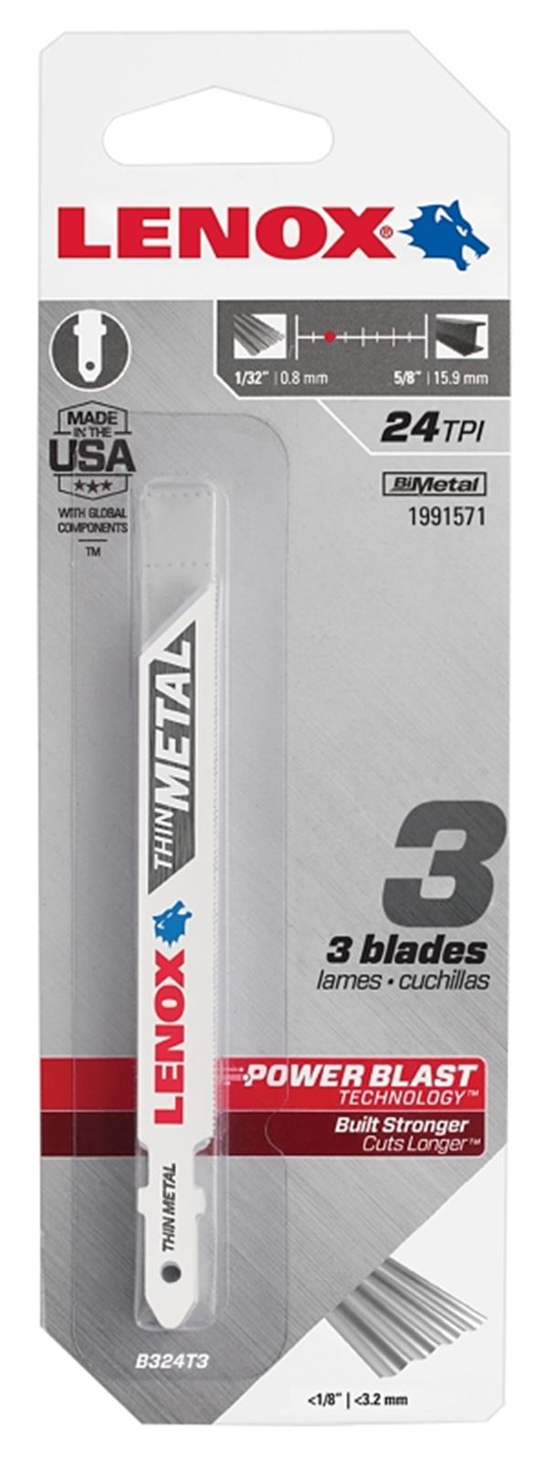 Lenox 1991571 Jig Saw Blade, 3/8 in W, 3-5/8 in L, 24 TPI, 3/PK