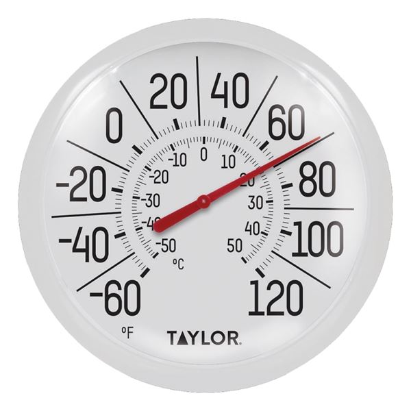 Taylor 5650 Thermometer, 8-1/2 in Display, -60 to 120 deg F, -50 to 50 deg C, Plastic Casing, White Casing