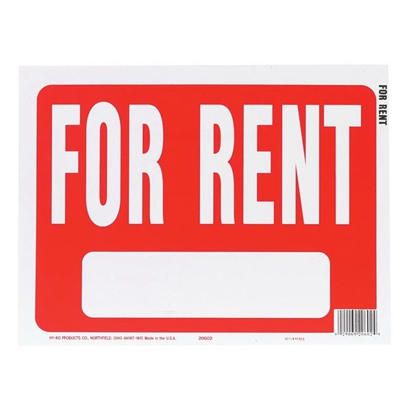 Hy-Ko 20602 Identification Sign, Rectangular, FOR RENT, White Legend, Red Background, Plastic, Pack of 10