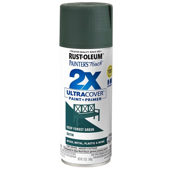 Rust-Oleum Painter's Touch 2X Ultra Cover 350372 Spray Paint, Satin, Deep Forest, 12 oz, Aerosol Can