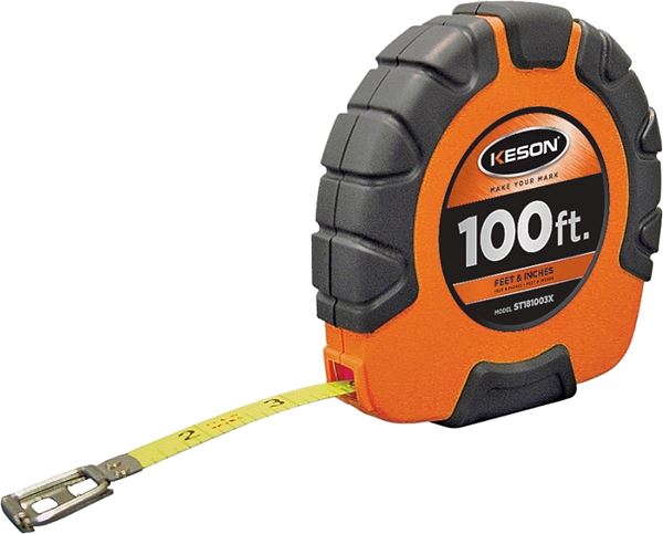 Keson ST181003X Tape Measure, 100 ft L Blade, 3/8 in W Blade, Steel Blade, ABS Case, Orange Case