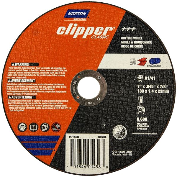 Norton Clipper Classic A AO Series 70184601458 Cut-Off Wheel, 7 in Dia, 0.045 in Thick, 7/8 in Arbor