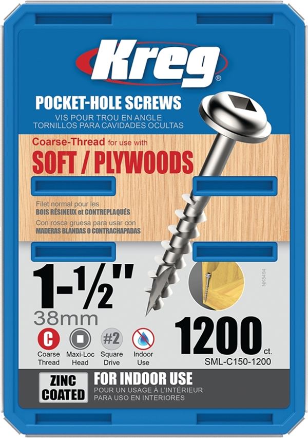 Kreg SML-C150-1200 Pocket-Hole Screw, #8 Thread, 1-1/2 in L, Coarse Thread, Maxi-Loc Head, Square Drive, Carbon Steel