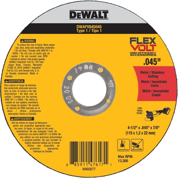 DeWALT DWAFV845045B5 Cutting Wheel, 4-1/2 in Dia, 0.045 in Thick, 7/8 in Arbor, 24 Grit, Medium, Ceramic Abrasive