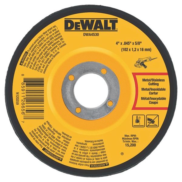 DeWALT DWA4530 Cutting Wheel, 4 in Dia, 0.045 in Thick, 5/8 in Arbor, Very Fine, Aluminum Oxide Abrasive