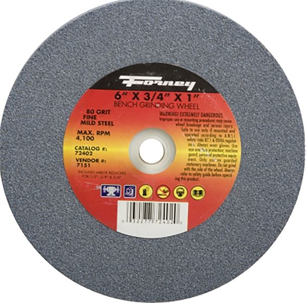 Forney 72402 Bench Grinding Wheel, 6 in Dia, 1 in Arbor, 80 Grit, Fine, Aluminum Oxide Abrasive