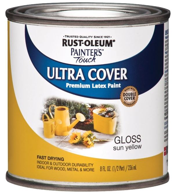 Rust-Oleum 1945730 Enamel Paint, Water, Gloss, Sun Yellow, 0.5 pt, Can, 120 sq-ft Coverage Area