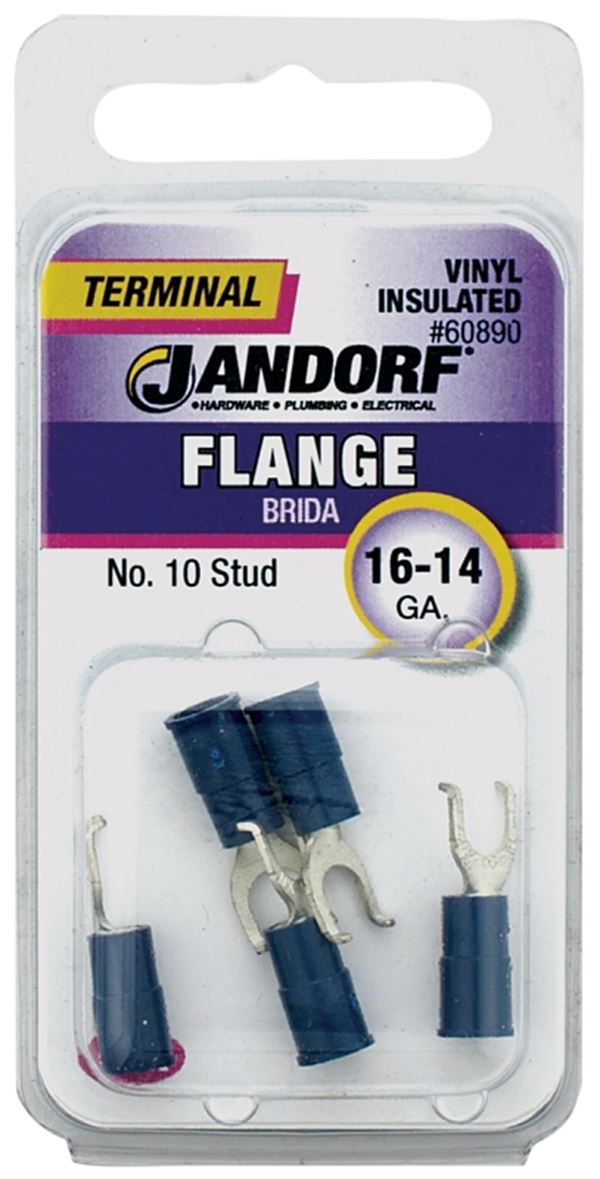 Jandorf 60890 Spade Terminal, 16 to 14 AWG Wire, #10 Stud, Vinyl Insulation, Copper Contact, Blue