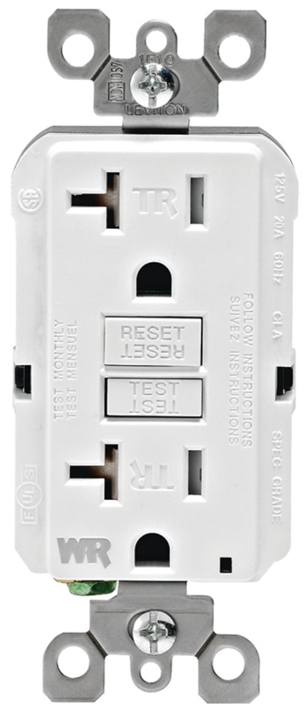 Leviton R92-GFWT2-0KW GFCI Duplex Receptacle, 2 -Pole, 20 A, 125 V, Back, Side Wiring, NEMA: 5-20R, White