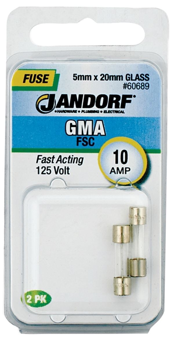 Jandorf 60689 Fast Acting Fuse, 10 A, 125 V, 200 A Interrupt, Glass Body