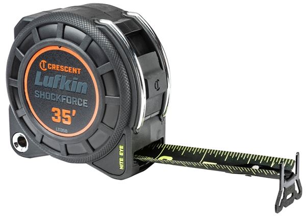 Crescent Lufkin Shockforce Nite Eye Series L1135B Dual-Sided Tape Measure, 35 ft L Blade, 1-3/16 in W Blade, Steel Blade