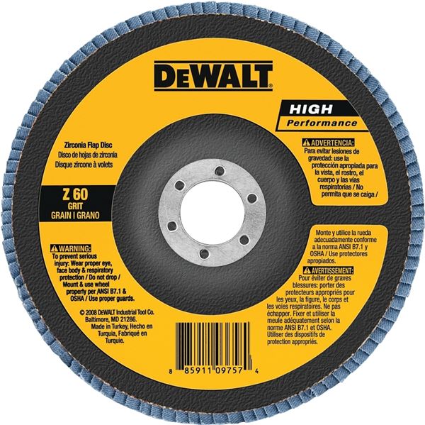 DeWALT DW8302 Flap Disc, 4 in Dia, 5/8 in Arbor, Coated, 60 Grit, Medium, Zirconium Oxide Abrasive