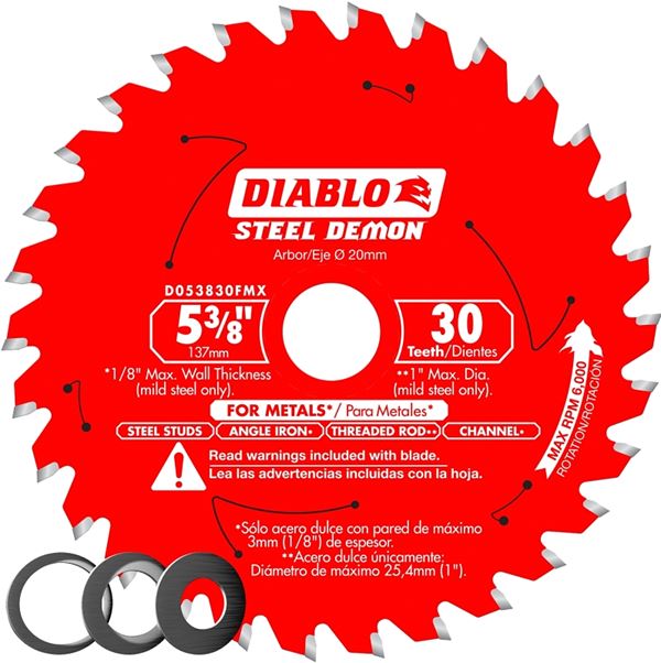 Diablo D053830FMX Saw Blade, 5-3/8 in Dia, 20 mm Arbor, 30-Teeth, Carbide Cutting Edge