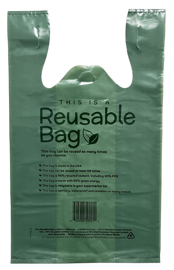 R3 T59021 Reusable Bag, 20.65 L Capacity, 12 in W, 20 in H, HMW-HDPE/LLDPE/PCR, Green