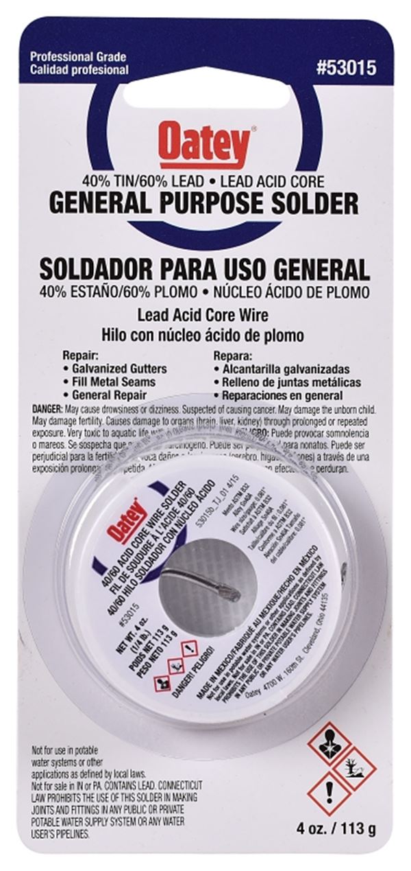 Oatey 53015 Acid Core Wire Solder, 1/4 lb Carded, Solid, Silver, 360 to 460 deg F Melting Point