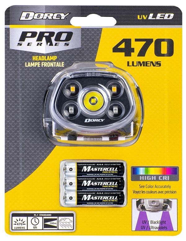 Dorcy Pro 41-4320 Headlamp, AAA Battery, LED Lamp, 470 Lumens, 100 ft Beam Distance, 6 hr Run Time