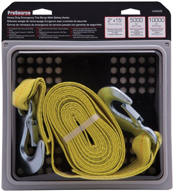 ProSource FH64061 Emergency Tow Strap, 10,000 lb, 2 in W, 15 ft L, Hook End, Polyester Webbing, Steel Hook, Yellow