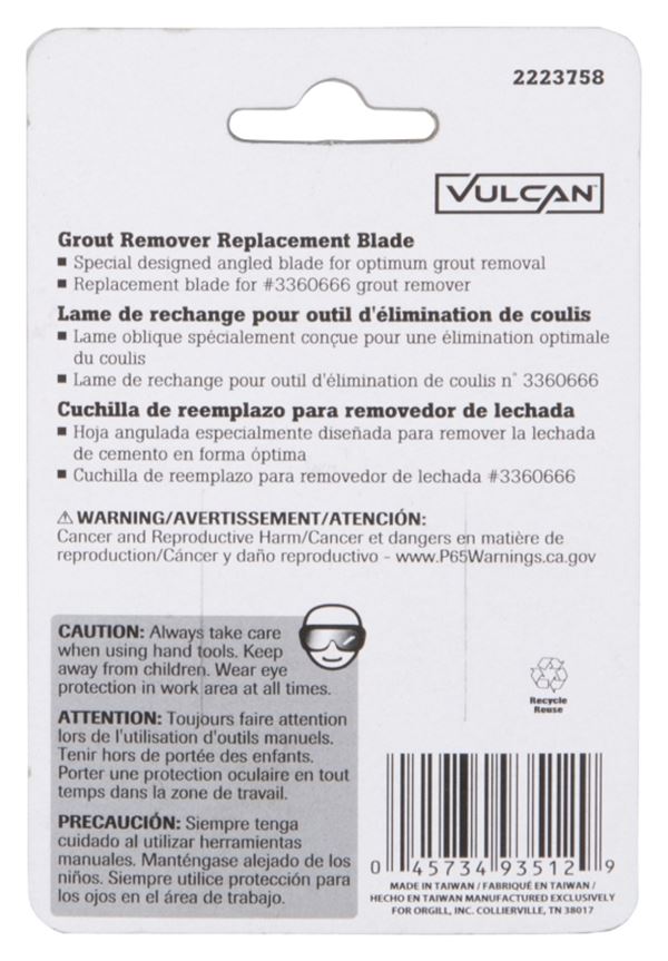 Vulcan MJ-T08010-B Grout Remover Blade, 1-1/2 in L, 1-1/4 in W, Powder Coated