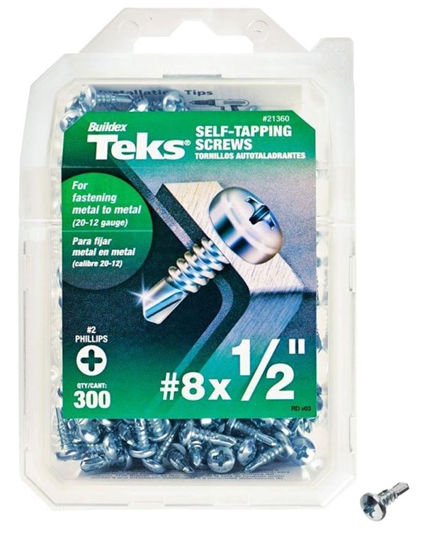 Teks 21360 Screw, #8 Thread, 1/2 in L, Coarse Thread, Pan Head, Phillips Drive, Self-Drilling, Self-Tapping Point