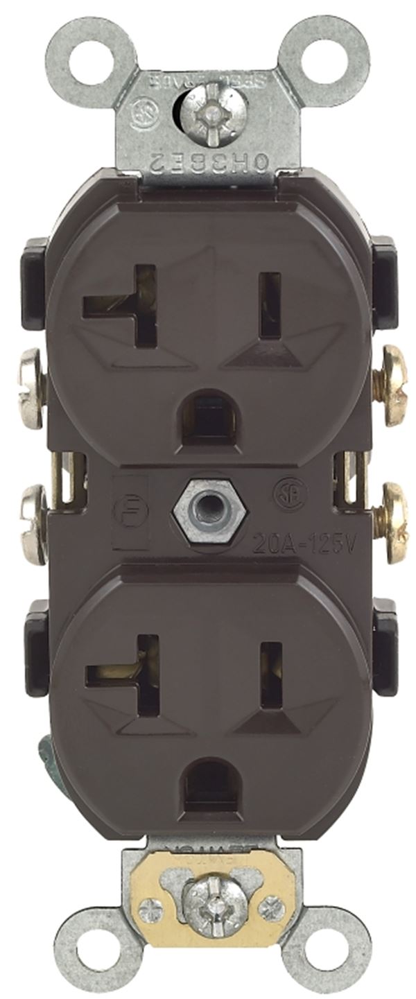 Leviton S00-0CR20-00S Duplex Receptacle, 2-Pole, 20 A, 125 VAC, Side Wiring, NEMA: 5-20R, Brown