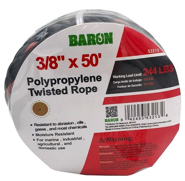 BARON 53213 Truck Rope, 3/8 in Dia, 50 ft L, 244 lb Working Load, Polypropylene, Black/Orange