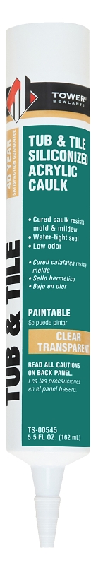 Tower Sealants TUB and TILE TS-00545 Silicone Acrylic Caulk, Clear, 7 to 14 days Curing, 40 to 120 deg F, 5.5 fl-oz Tube