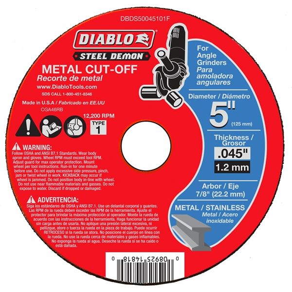 Diablo Steel Demon DBDS50045101F Cut-Off Disc, 5 in Dia, 0.045 in Thick, 7/8 in Arbor, Ceramic Abrasive