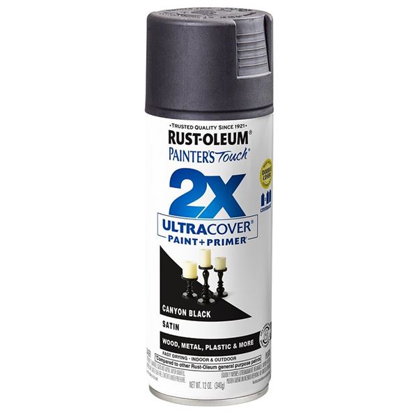 Rust-Oleum Painter's Touch 2X Ultra Cover 346951 Spray Paint, Satin, Canyon Black, 12 oz, Aerosol Can