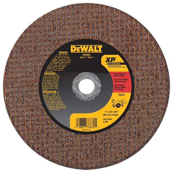 DeWALT DW8056 Abrasive Saw Blade, 7 in Dia, 0.045 in Thick, 5/8 in Arbor, Aluminum Oxide Abrasive