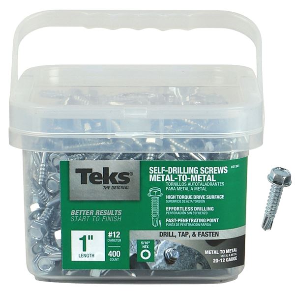 Teks 21341 Screw, #12 Thread, 1 in L, Hex Drive, Self-Drilling, Self-Tapping Point, Steel, Zinc, 400 PAIL