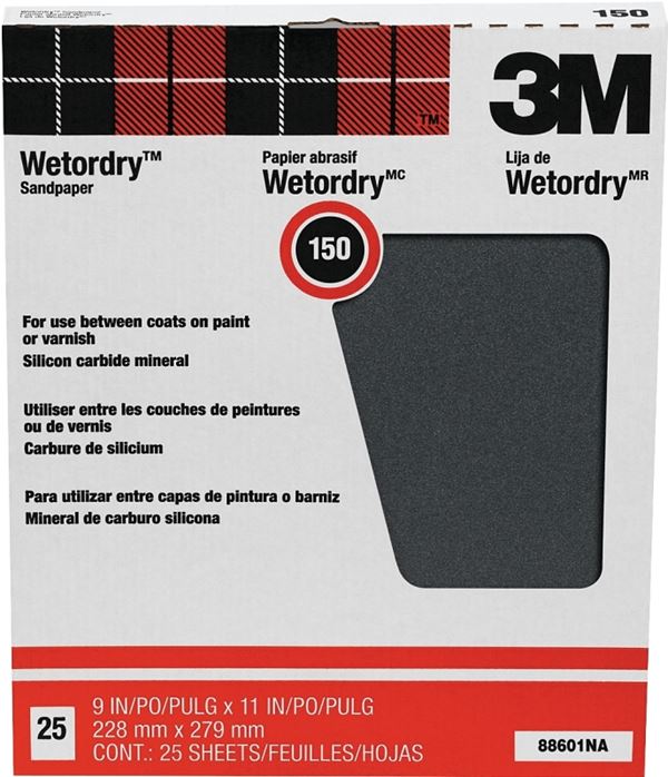 3M 88601 Sandpaper, 11 in L, 9 in W, 150 Grit, Fine, Silicone Carbide Abrasive