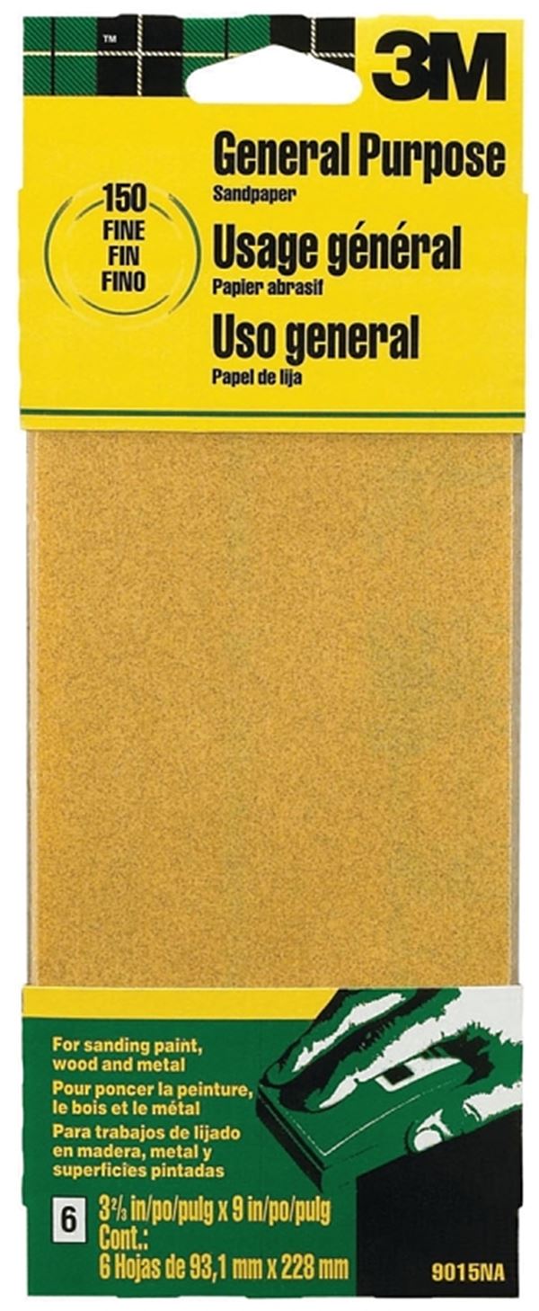 3M 9015 Sandpaper Sheet, 9 in L, 3.66 in W, Fine, 150 Grit, Aluminum Oxide Abrasive, Paper Backing