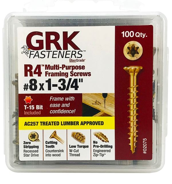 GRK Fasteners R4 02075 Framing and Decking Screw, #8 Thread, 1-3/4 in L, Star Drive, Steel, 100 PK