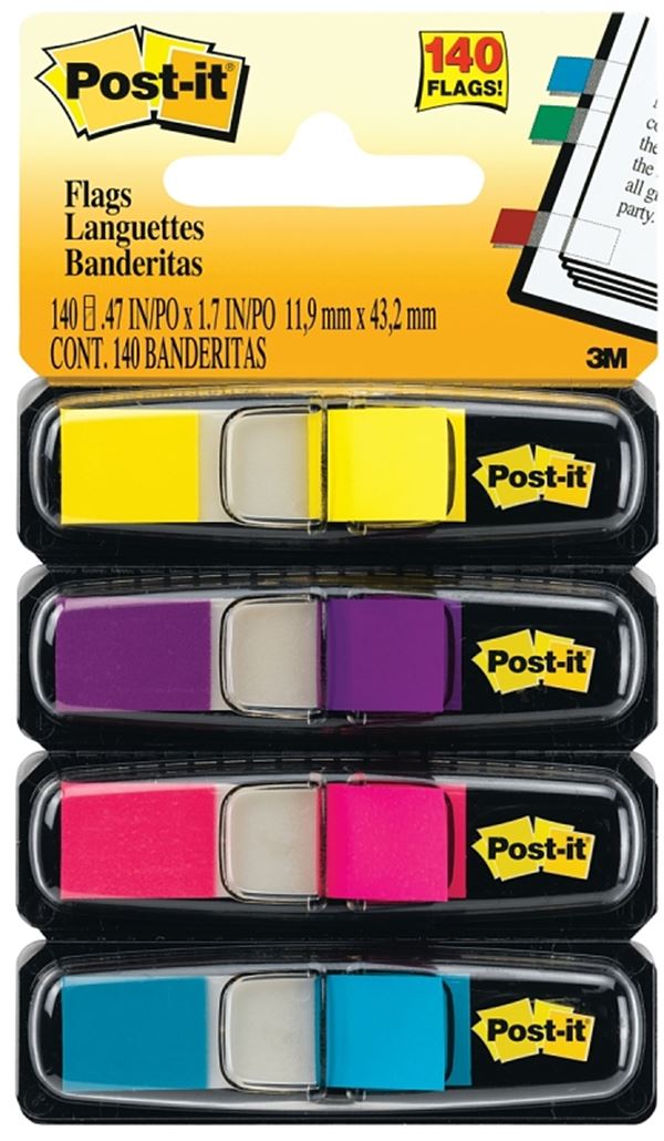 Post-it 683-4AB Flag, 1.7 in L, 0.47 in W, Blue/Pink/Purple/Yellow