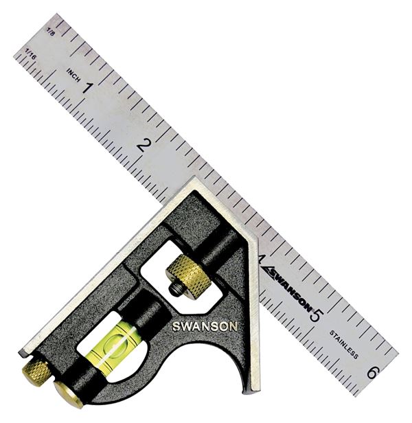 Swanson TC130 Combination Square, 3/4 in W Blade, 6 in L Blade, SAE Graduation, Stainless Steel Blade