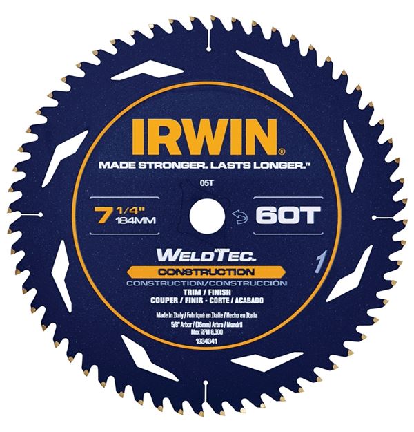 Irwin 1934342 Circular Saw Blade, 7-1/4 in Dia, 5/8 in Arbor, 60-Teeth, Carbide Cutting Edge