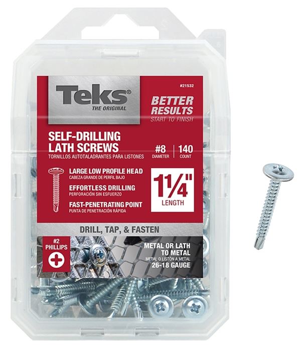 Teks 21532 Lath Screw, #8 Thread, Truss Head, Phillips Drive, Drill Point, Steel, Zinc