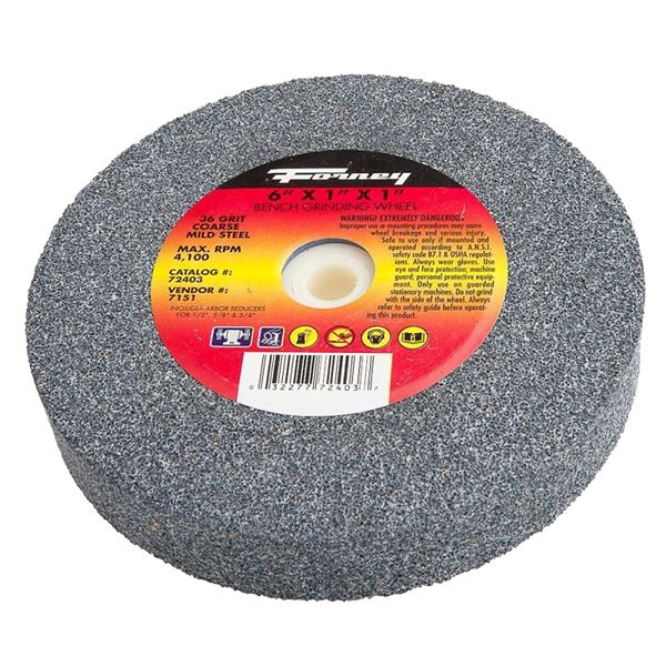 Forney 72403 Bench Grinding Wheel, 6 in Dia, 1 in W, 1 in Arbor, 36 Grit, Coarse, Aluminum Oxide Abrasive