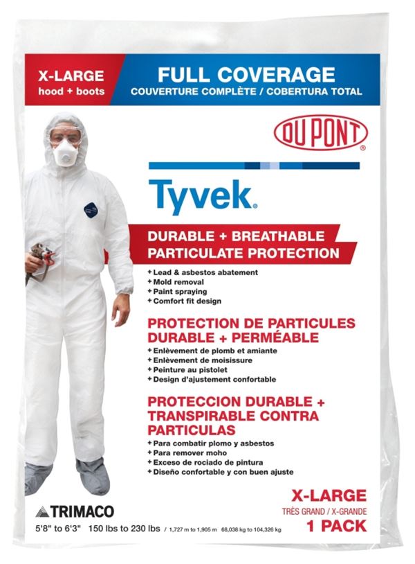 Trimaco COLORmaxx 141232/12 Protective Coveralls with Hood and Boots, XL, Zipper Closure, Tyvek, White