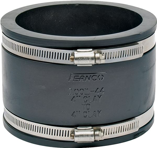 Fernco P1001-44 Flexible Coupling, 4 x 4 in, Clay x Clay, PVC, 4.3 psi Pressure