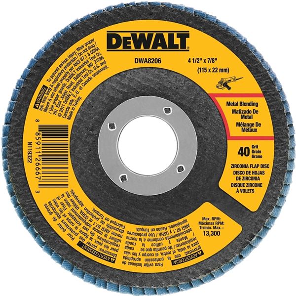 DeWALT DWA8206 Flap Disc, 4-1/2 in Dia, 7/8 in Arbor, Coated, 40 Grit, Coarse, Zirconium Oxide Abrasive