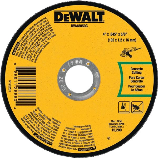 DeWALT DWA8050C Cutting Wheel, 4 in Dia, 0.045 in Thick, 5/8 in Arbor, Aluminum Oxide Abrasive, Pack of 25