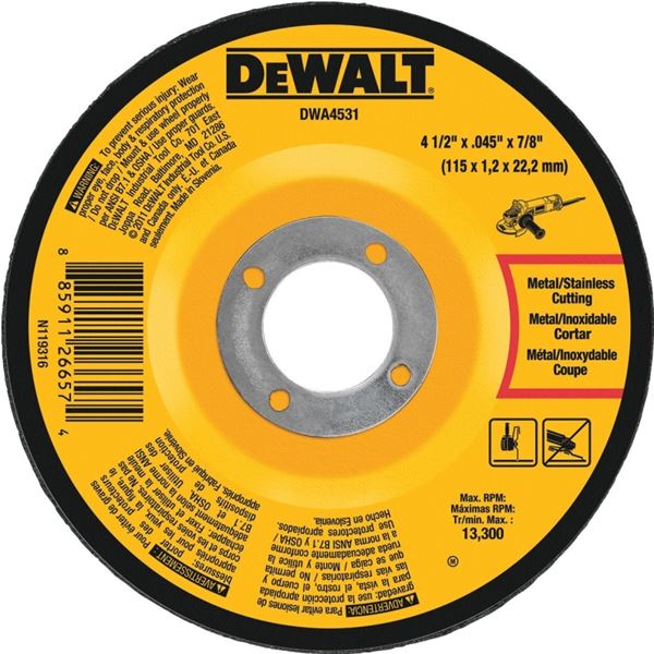 DeWALT DWA4531 Cut-Off Wheel, 4-1/2 in Dia, 0.045 in Thick, 7/8 in Arbor, Very Fine, Aluminum Oxide Abrasive