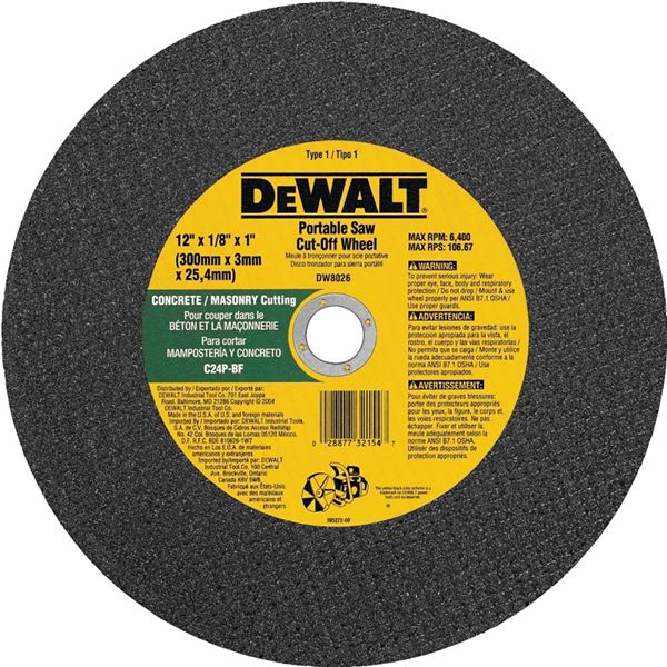 DeWALT DW8026 Cut-Off Wheel, 12 in Dia, 1/8 in Thick, 1 in Arbor, Coarse, Silicone Carbide Abrasive