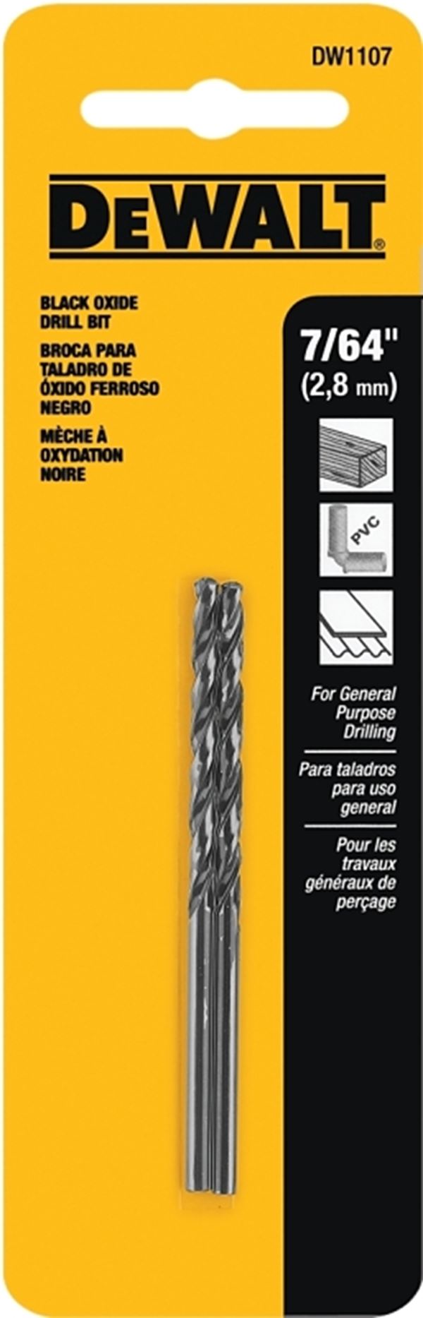 DeWALT DW1107 Jobber Drill Bit, 7/64 in Dia, 2-5/8 in OAL, Parabolic Flute, 7/64 in Dia Shank, Round Shank, Pack of 5