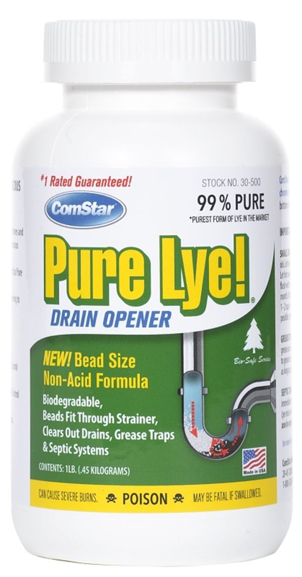 ComStar Pure Lye 30-500 Drain Opener, Beads, Flakes, Clear/White, Sharp, 1 lb Bottle