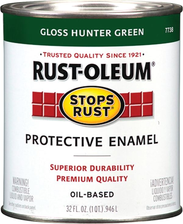 Rust-Oleum Stops Rust 7738502 Enamel Paint, Oil, Gloss, Hunter Green, 1 qt, Can, 50 to 90 sq-ft/qt Coverage Area