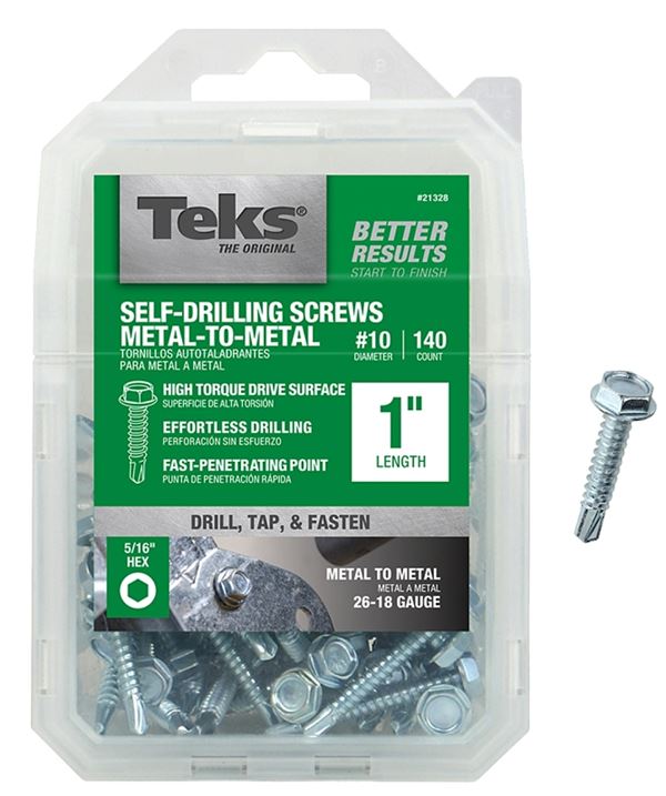 Teks 21328 Screw, #10 Thread, 1 in L, Coarse Thread, Hex Drive, Self-Drilling, Self-Tapping Point, Steel, Zinc, 140 PK