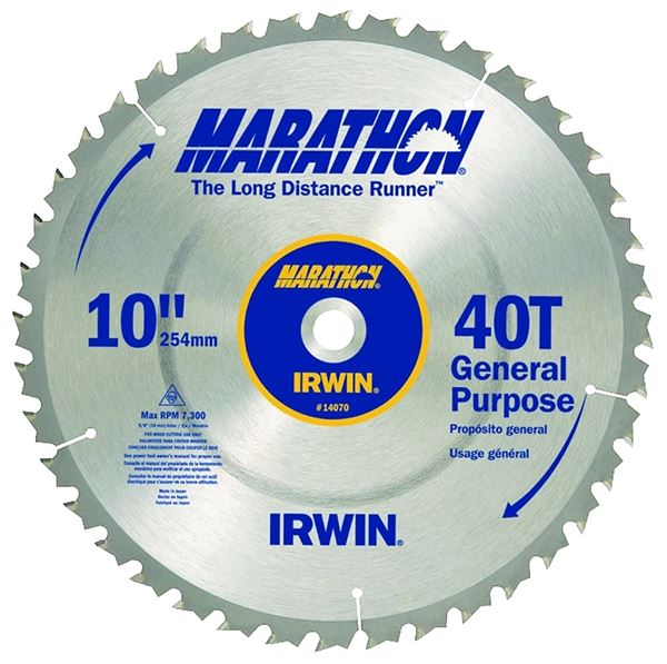 Irwin Marathon 14070 Table Saw Blade, 10 in Dia, 5/8 in Arbor, 40-Teeth, Carbide Cutting Edge